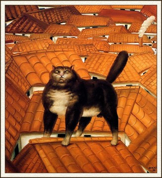 350 人の有名アーティストによるアート作品 Painting - 屋根の上の猫 フェルナンド・ボテロ